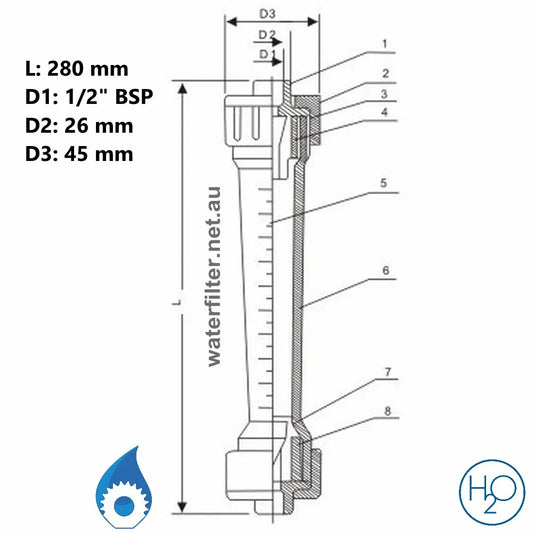 Inline Low Flow Rotameter, 100, 250 or 600 lph